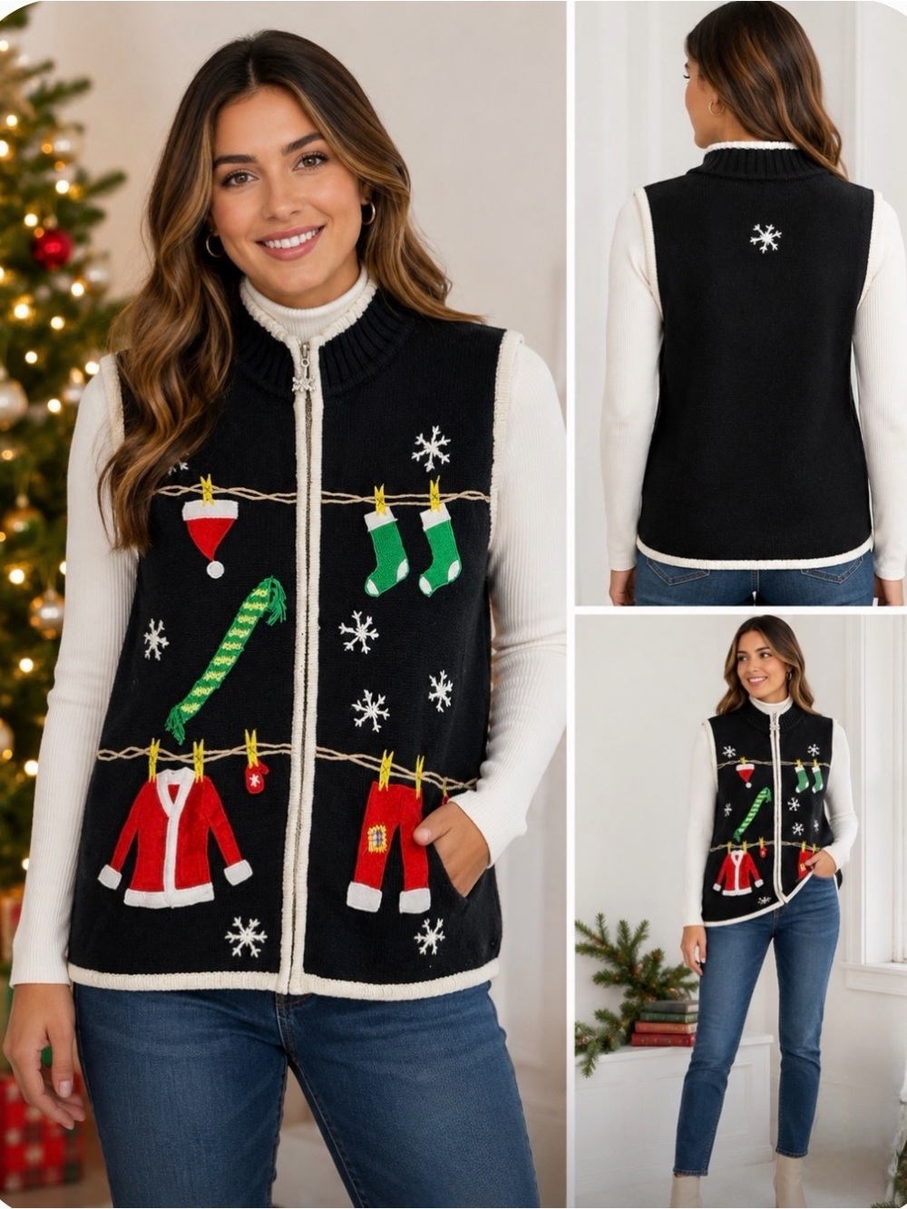 Vintage Studio Joy Ugly Christmas Zip Up Sweater Vest Holiday Teacher Sz Large